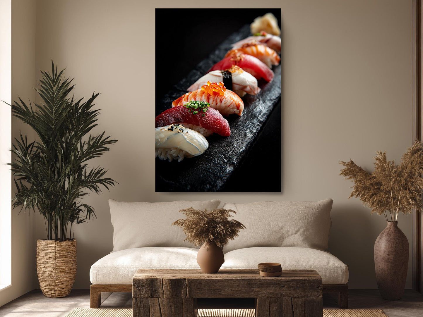 a cozy living room with a large framed photograph of sushi on the wall, a comfortable couch, and a wooden coffee table.
