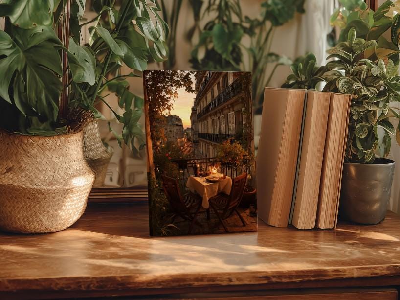 a wooden table with a framed photograph of a balcony scene, surrounded by potted plants and books.