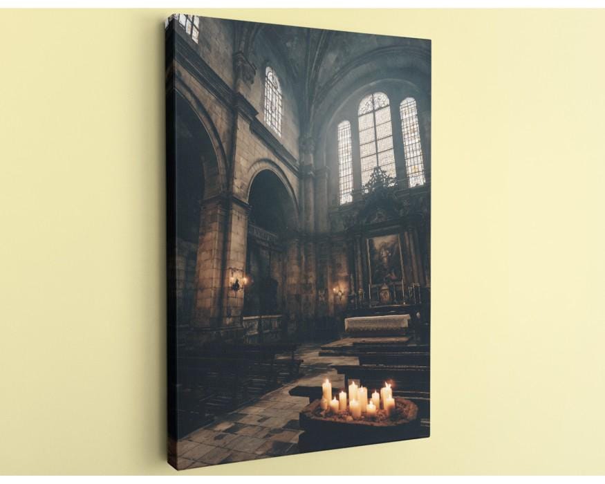 a grand, ornate church interior with high vaulted ceilings, stained glass windows, and a large altar with candles.