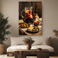 a cozy living room with a large painting of a table set with food and drinks hanging on the wall. The painting features a pitcher of red liquid, a plate of olives, a bowl of fruit, and a glass of wine. The room is decorated with potted plants, a wooden coffee table, and a vase of dried flowers, creating a warm and inviting atmosphere.