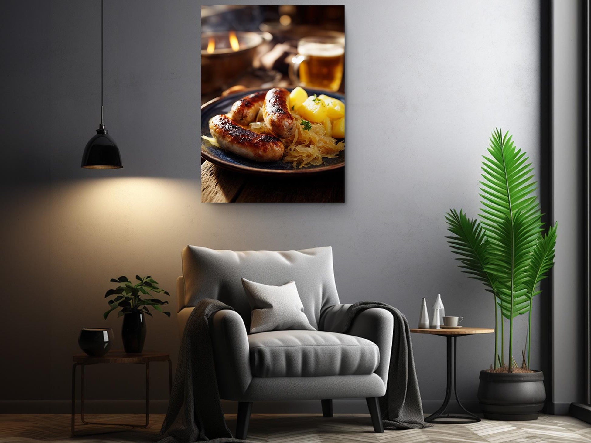 a cozy living room with a comfortable gray armchair, a wooden side table, and a potted plant. Above the armchair, there is a framed photograph of a plate of sausages and sauerkraut, creating a warm and inviting atmosphere.