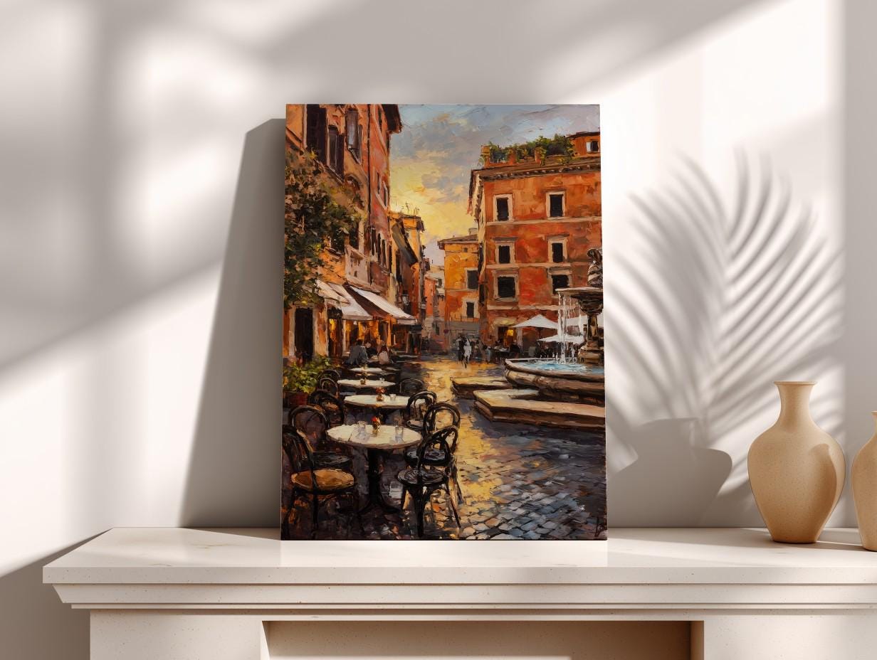 a picturesque street scene with outdoor seating, tables, and a fountain, creating a charming and inviting atmosphere.