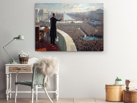 a large crowd of people gathered in front of a building, with a man standing on a balcony and addressing the audience.