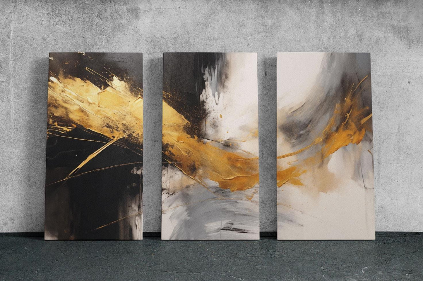 a group of three paintings on a wall