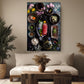 a cozy living room with a large, colorful painting of various food items hanging on the wall above a wooden coffee table.