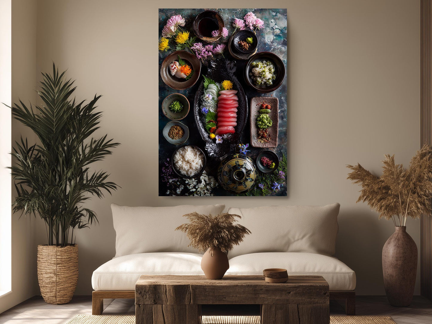 a cozy living room with a large, colorful painting of various food items hanging on the wall above a wooden coffee table.
