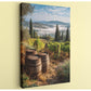 a picturesque vineyard with rolling hills, lush greenery, and a misty valley in the distance. The scene is framed by three large wooden barrels, adding a rustic charm to the landscape.