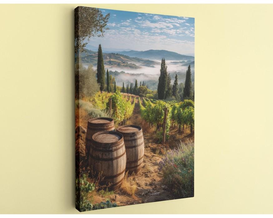 a picturesque vineyard with rolling hills, lush greenery, and a misty valley in the distance. The scene is framed by three large wooden barrels, adding a rustic charm to the landscape.