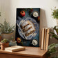 a wooden table with a framed photograph of a pastry, a plate of fruit, and a bowl of cream, surrounded by potted plants and books.