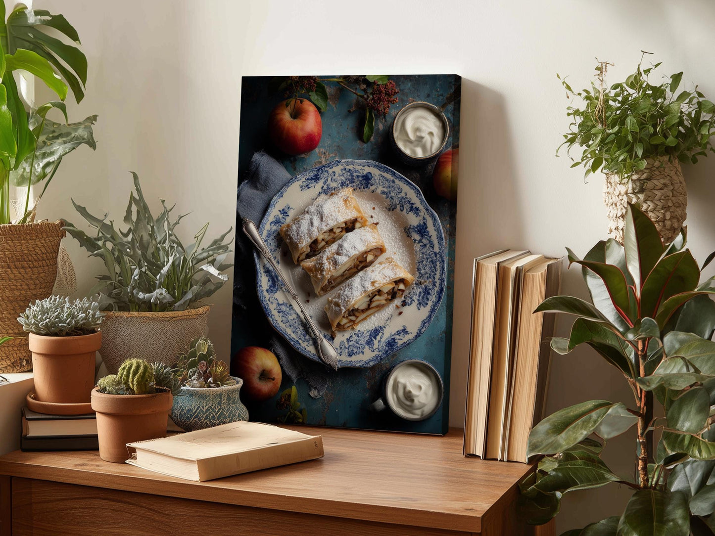 a wooden table with a framed photograph of a pastry, a plate of fruit, and a bowl of cream, surrounded by potted plants and books.