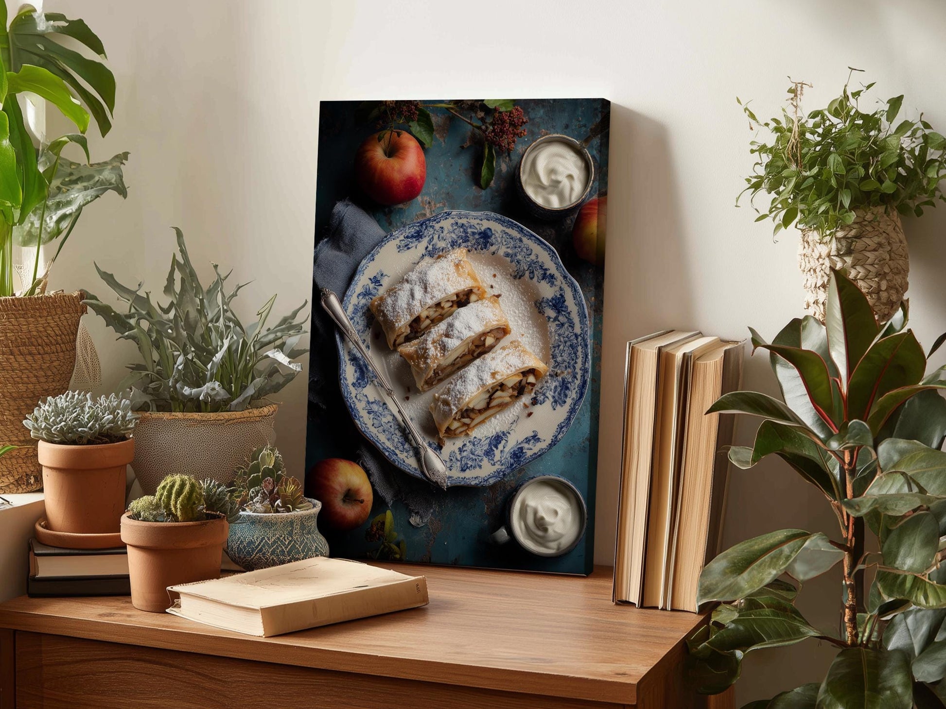 a wooden table with a framed photograph of a pastry, a plate of fruit, and a bowl of cream, surrounded by potted plants and books.