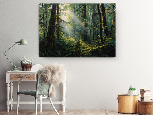 a serene forest scene with sunlight filtering through the trees, creating a warm and peaceful atmosphere.