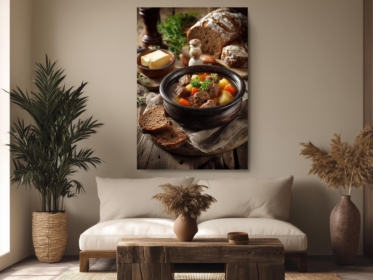 a cozy living room with a large, appetizing bowl of stew on a wooden table, surrounded by various food items and a vase of flowers.