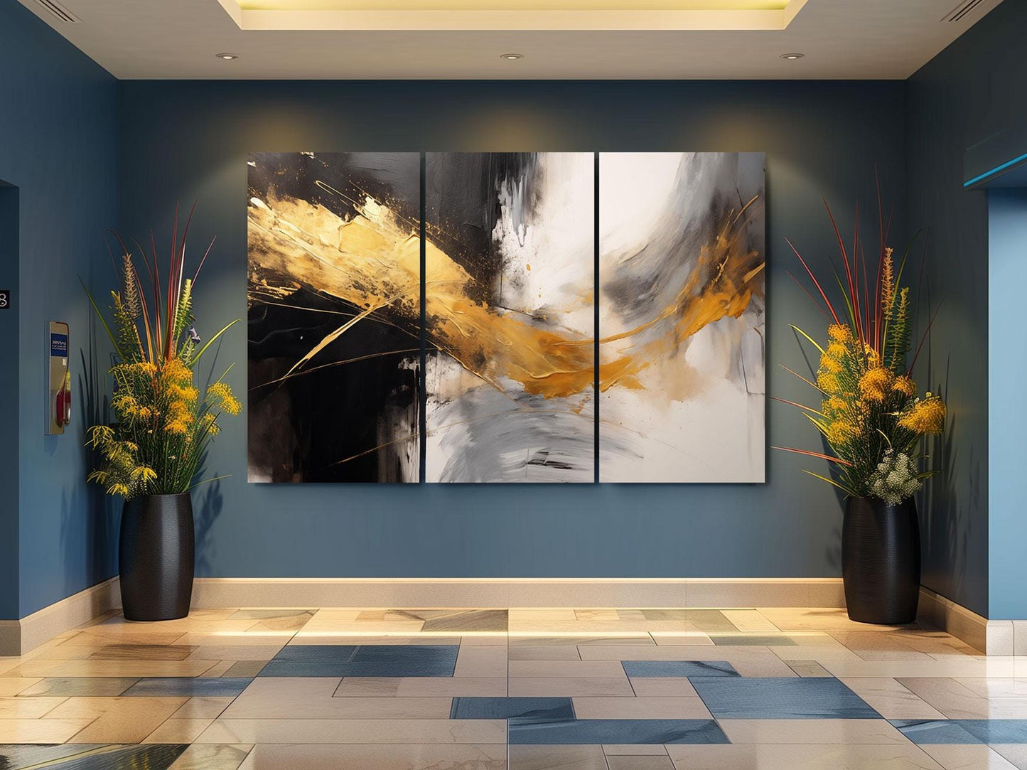 a room with blue walls and paintings on the wall