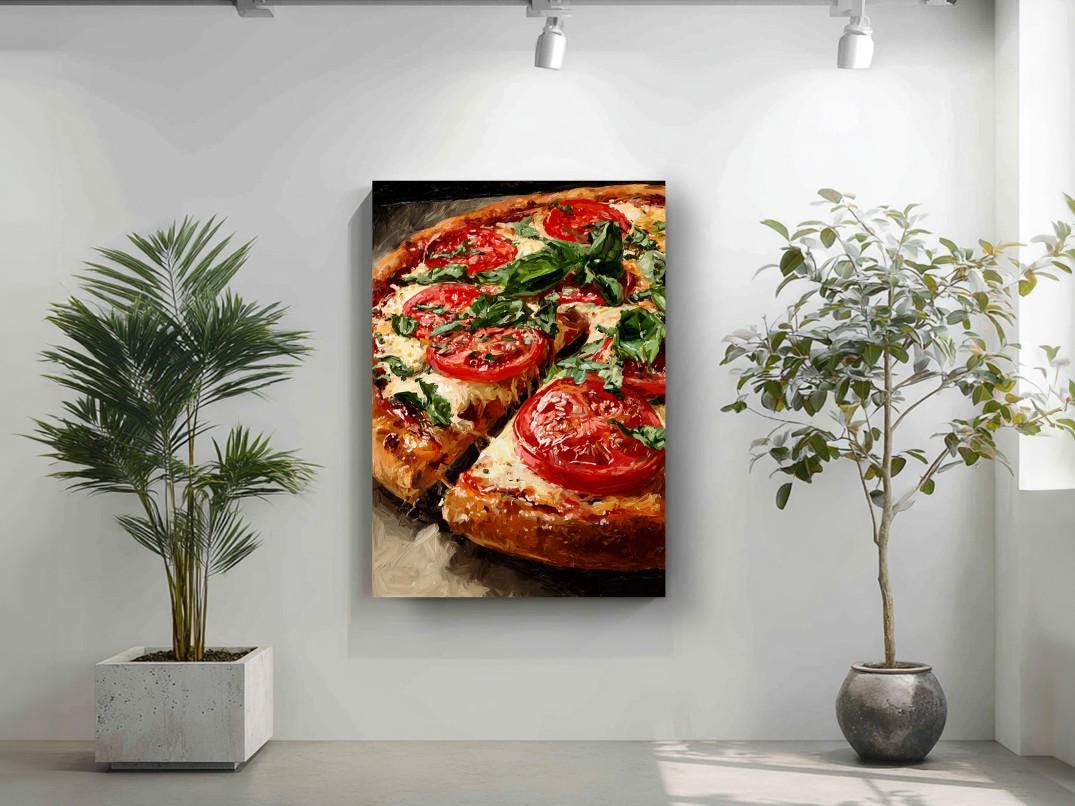 a large pizza with tomato and basil toppings, displayed on a wall in a room with a potted plant to the left and a plant to the right.