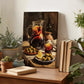 a wooden table with a painting of a still life scene, including a pitcher of wine, a bowl of olives, and a glass of orange juice. The table also has several potted plants, books, and other decorative items.