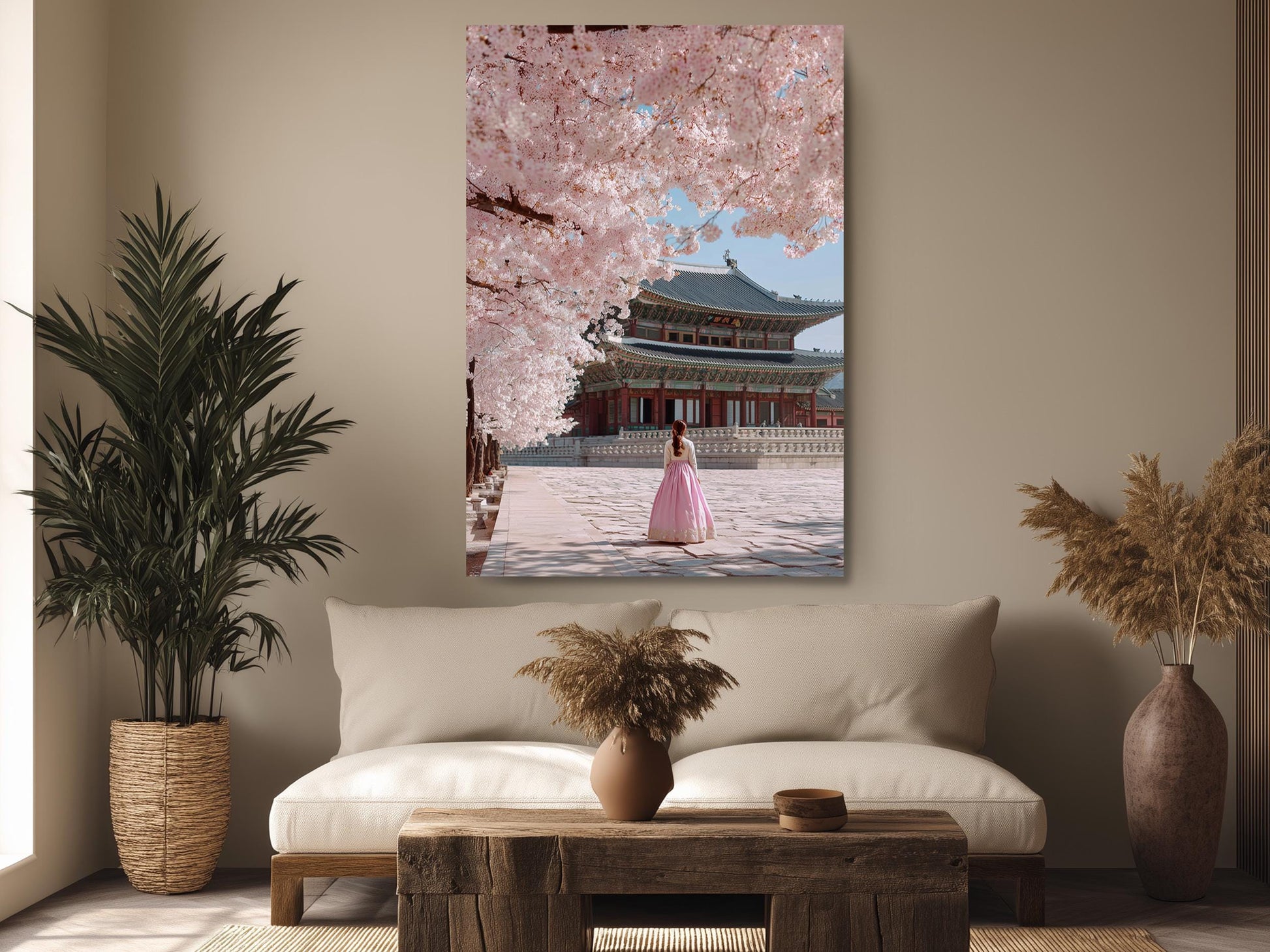 a woman in a pink dress standing in front of a traditional Korean temple, with cherry blossom trees in the background.