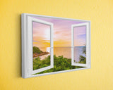 an open window with a view of the ocean