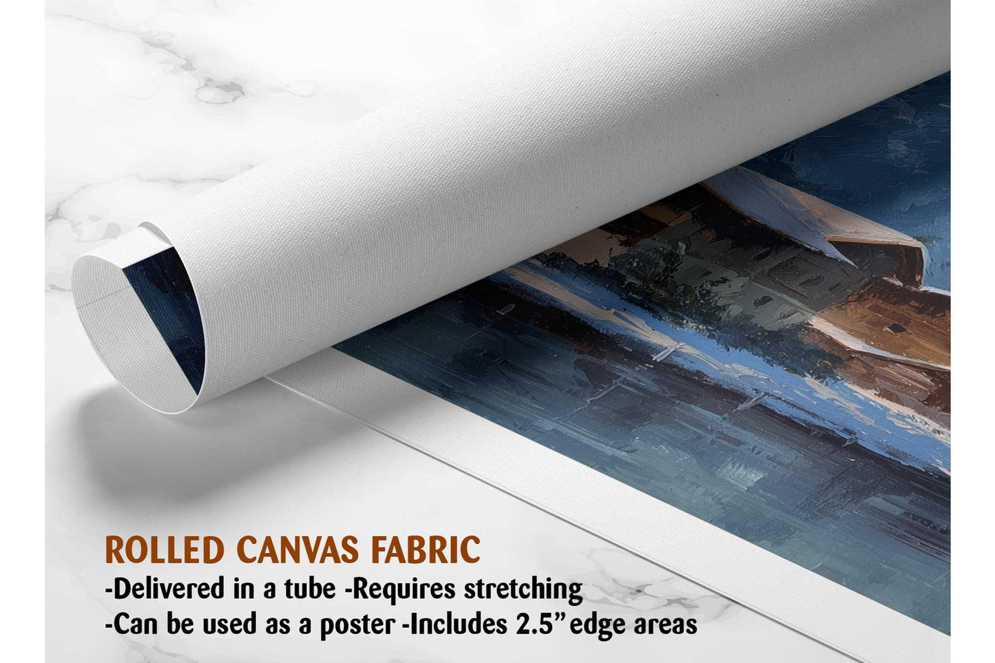 The image is a rolled canvas fabric, which is a type of canvas material used for painting or printing. It is described as a tube-delivered canvas fabric, which means it is delivered in a tube and requires stretching before use. It can be used as a poster with a 2.5&quot; edge area.