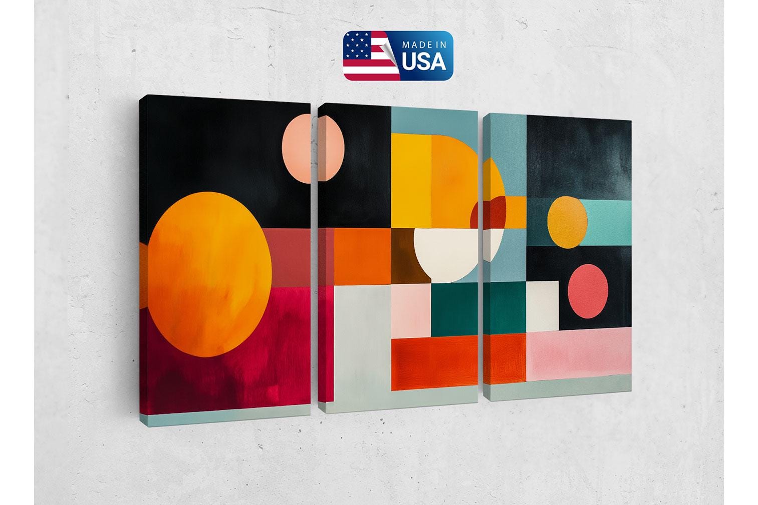 a set of three abstract paintings on a wall