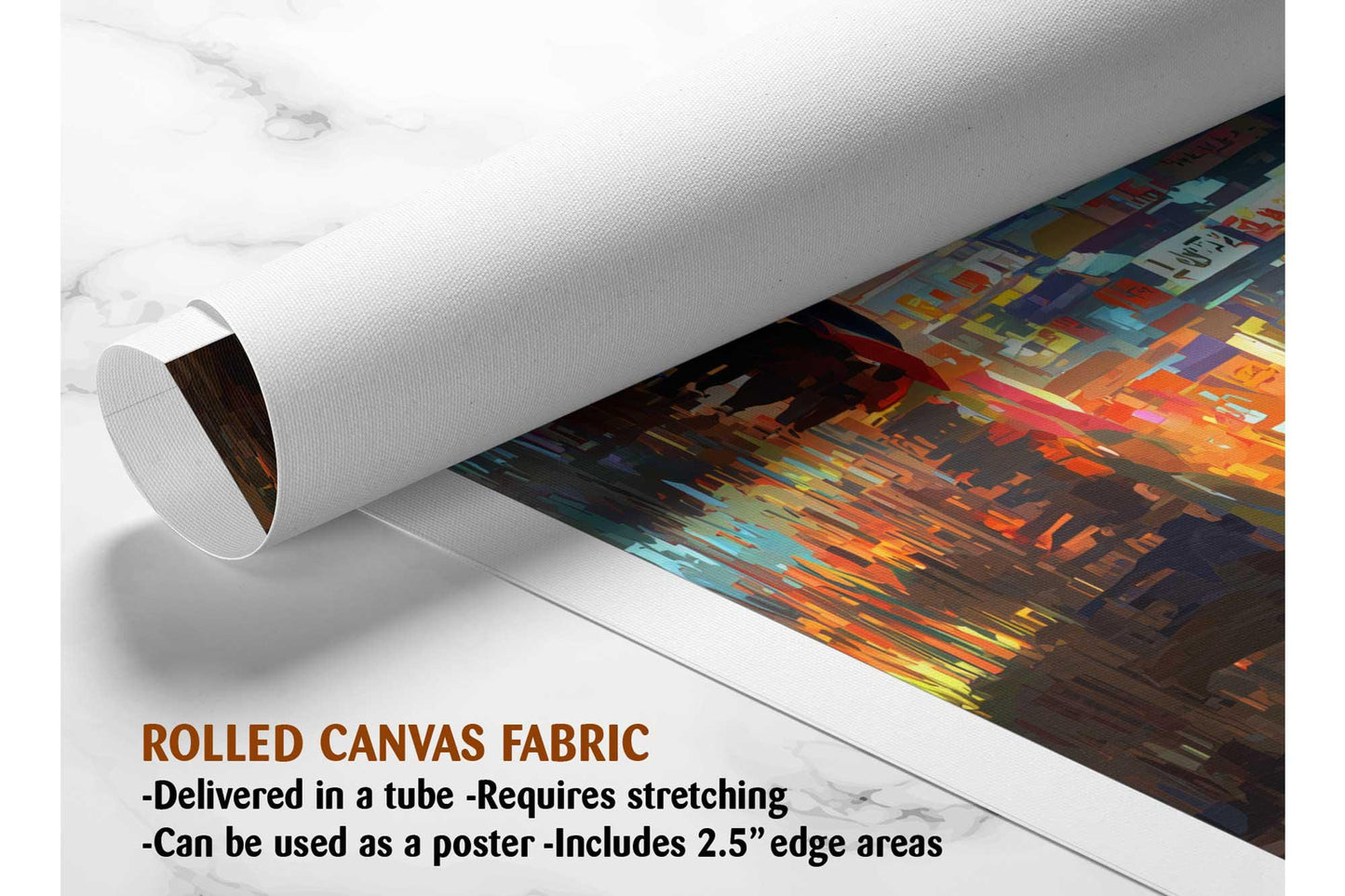 The image is a rolled canvas fabric, which is a type of canvas material used for painting or printing. It is described as a tube-delivered canvas fabric, which means it is delivered in a tube and requires stretching before use. It can be used as a poster with a 2.5&quot; edge area.