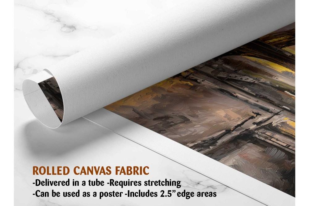 The image is a rolled canvas fabric, which is a type of canvas material used for painting or printing artwork. It is described as a tube-delivered canvas fabric, which means it is delivered in a tube and requires stretching before use. It can be used as a poster with a 2.5&quot; edge area.