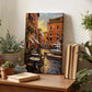 a wooden table with a painting of a street scene, surrounded by potted plants and books, creating a cozy and inviting atmosphere.