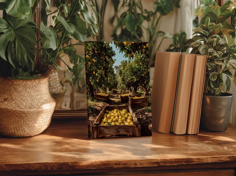 a wooden table with a framed photograph of an orange grove, surrounded by potted plants and books.