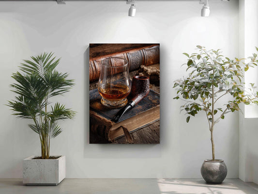 a wooden book with a glass of amber liquid, likely whiskey, placed on top of it. The book is surrounded by two potted plants, one on each side, creating a cozy and inviting atmosphere.