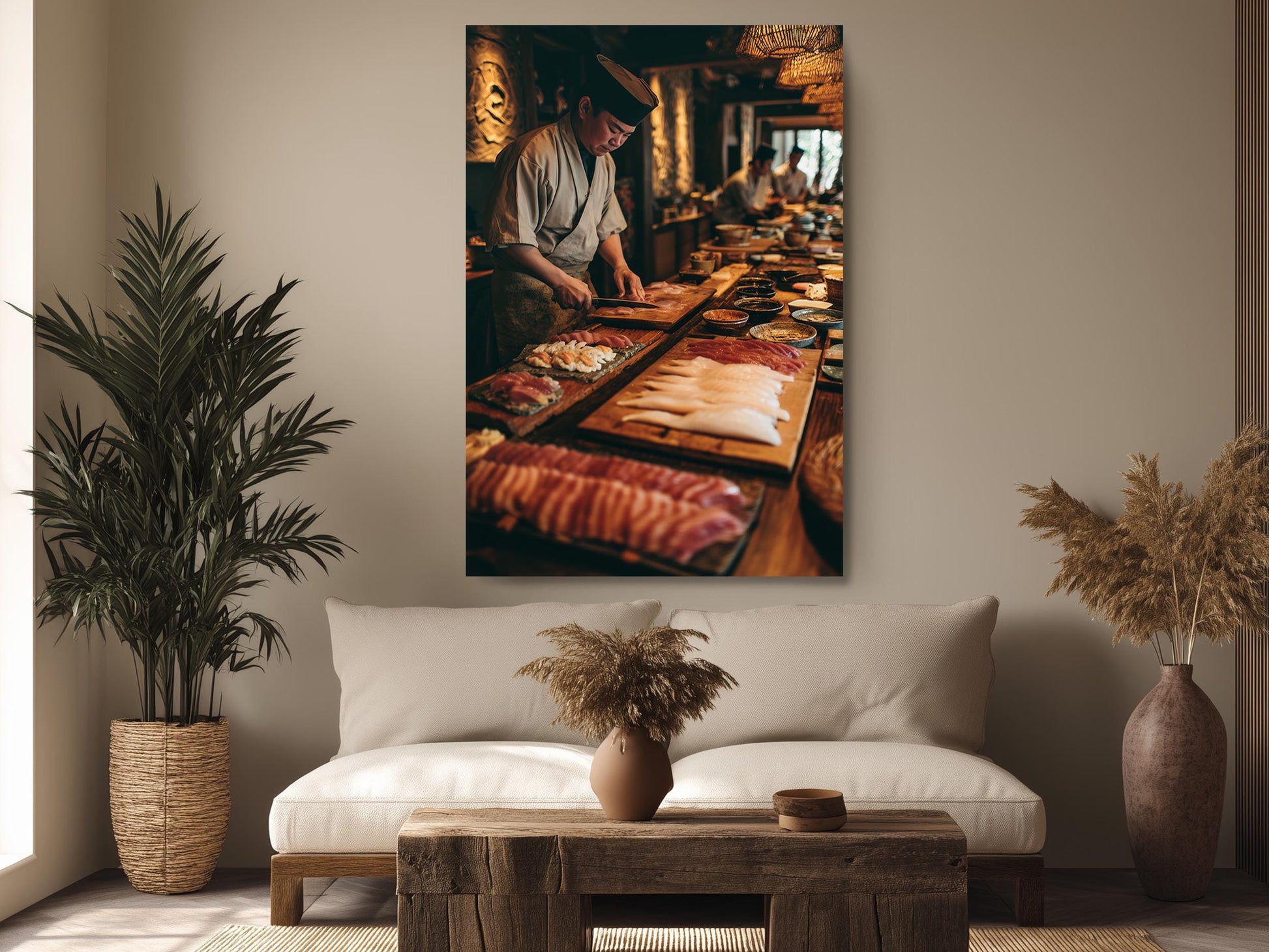 a chef in a kitchen preparing food, with various ingredients and dishes visible on the counter.