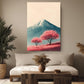 a living room with a large painting of a mountain landscape hanging on the wall, depicting a snow-capped peak with pink trees in the foreground. The room is decorated with potted plants, a wooden coffee table, and a sofa.