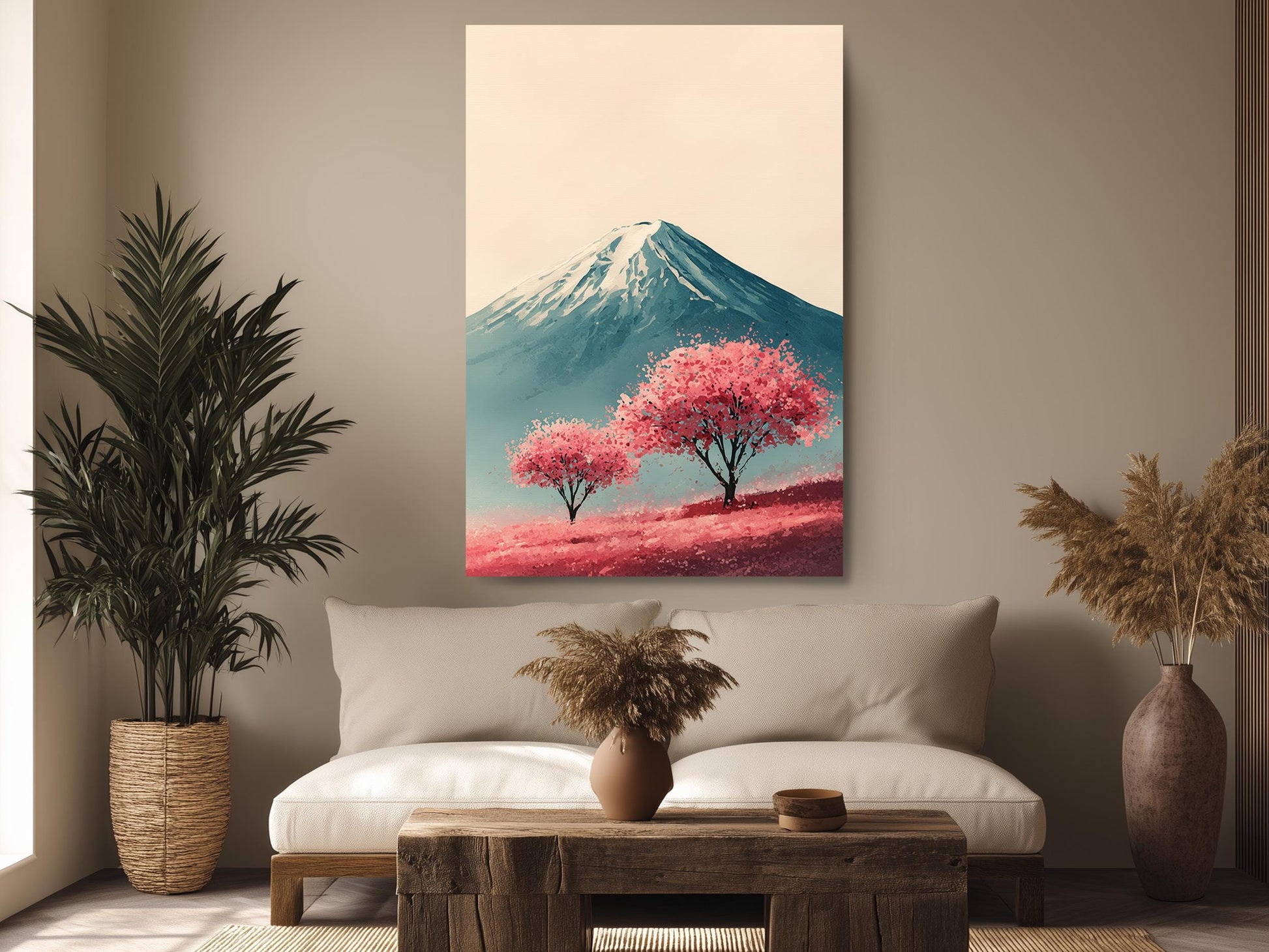 a living room with a large painting of a mountain landscape hanging on the wall, depicting a snow-capped peak with pink trees in the foreground. The room is decorated with potted plants, a wooden coffee table, and a sofa.