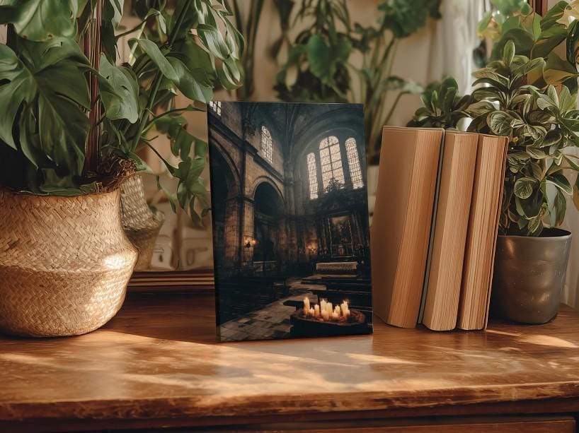a wooden table with a framed photograph of a church interior, surrounded by potted plants and books.