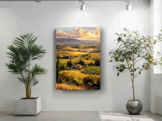 a large landscape painting hanging on a wall, with a potted plant to the left and a potted plant to the right.