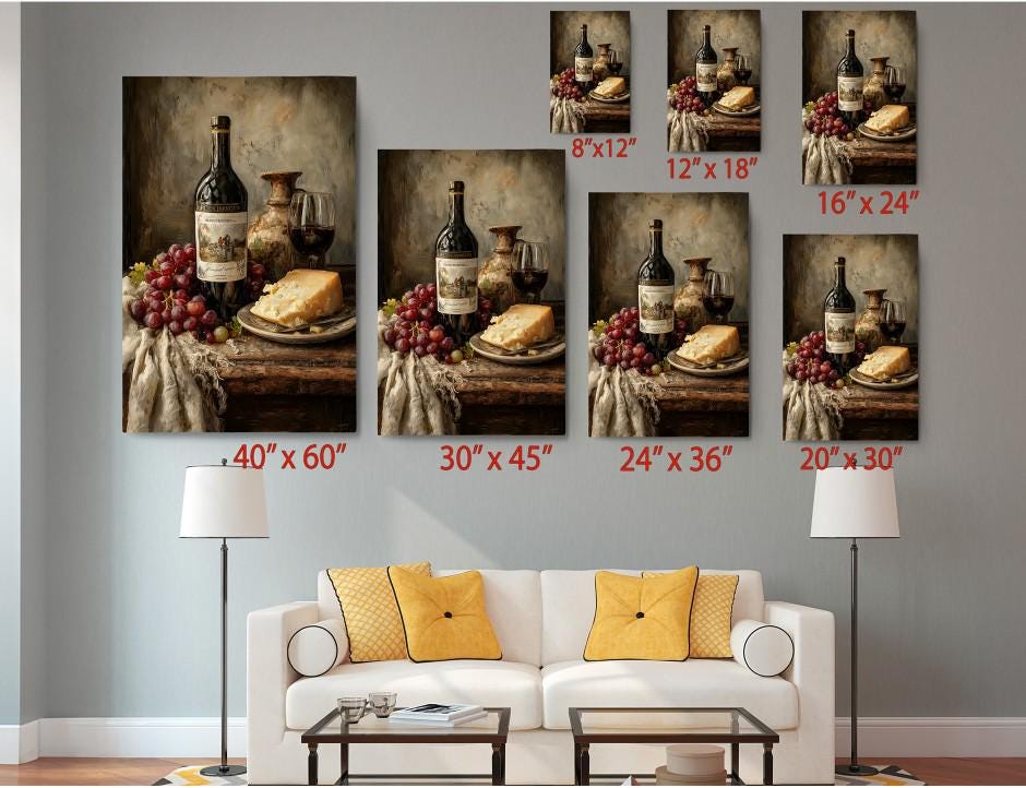 The image is a collage of six framed pictures, each depicting a still life arrangement of wine bottles, wine glasses, cheese, and grapes on a table. The pictures are arranged in a grid format, with each frame having a different size, ranging from 6 x 12&quot; to 20 x 30&quot;. The collage is set against a gray wall, and there is a white couch and a coffee table in the foreground.