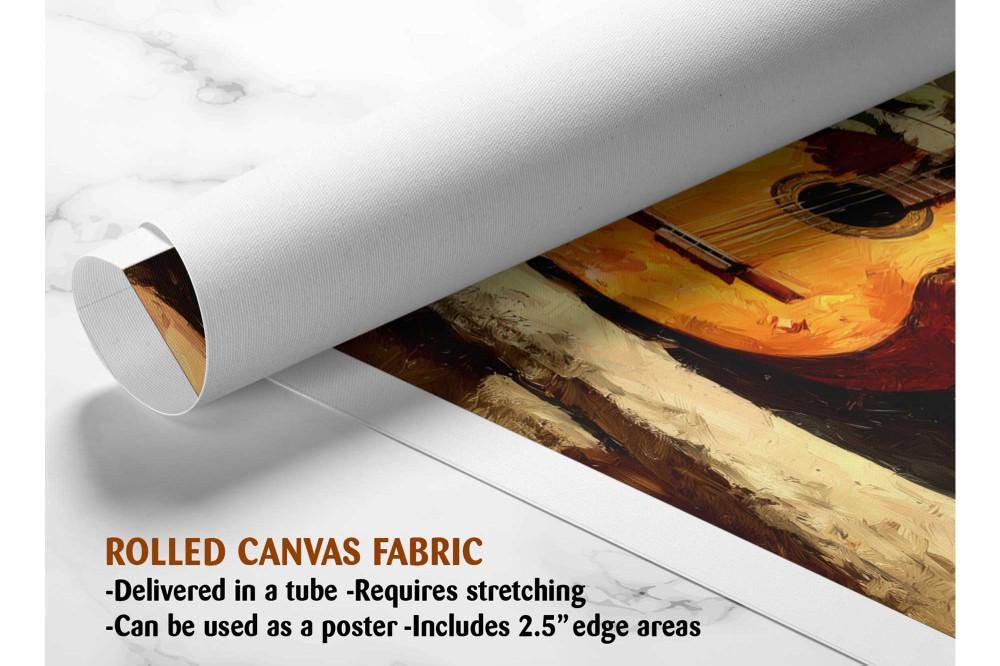 The image is a rolled canvas fabric, which is a type of canvas material used for painting or printing. It is described as a tube-delivered canvas fabric, which means it is delivered in a tube and requires stretching before use. It can be used as a poster with a 2.5&quot; edge area.