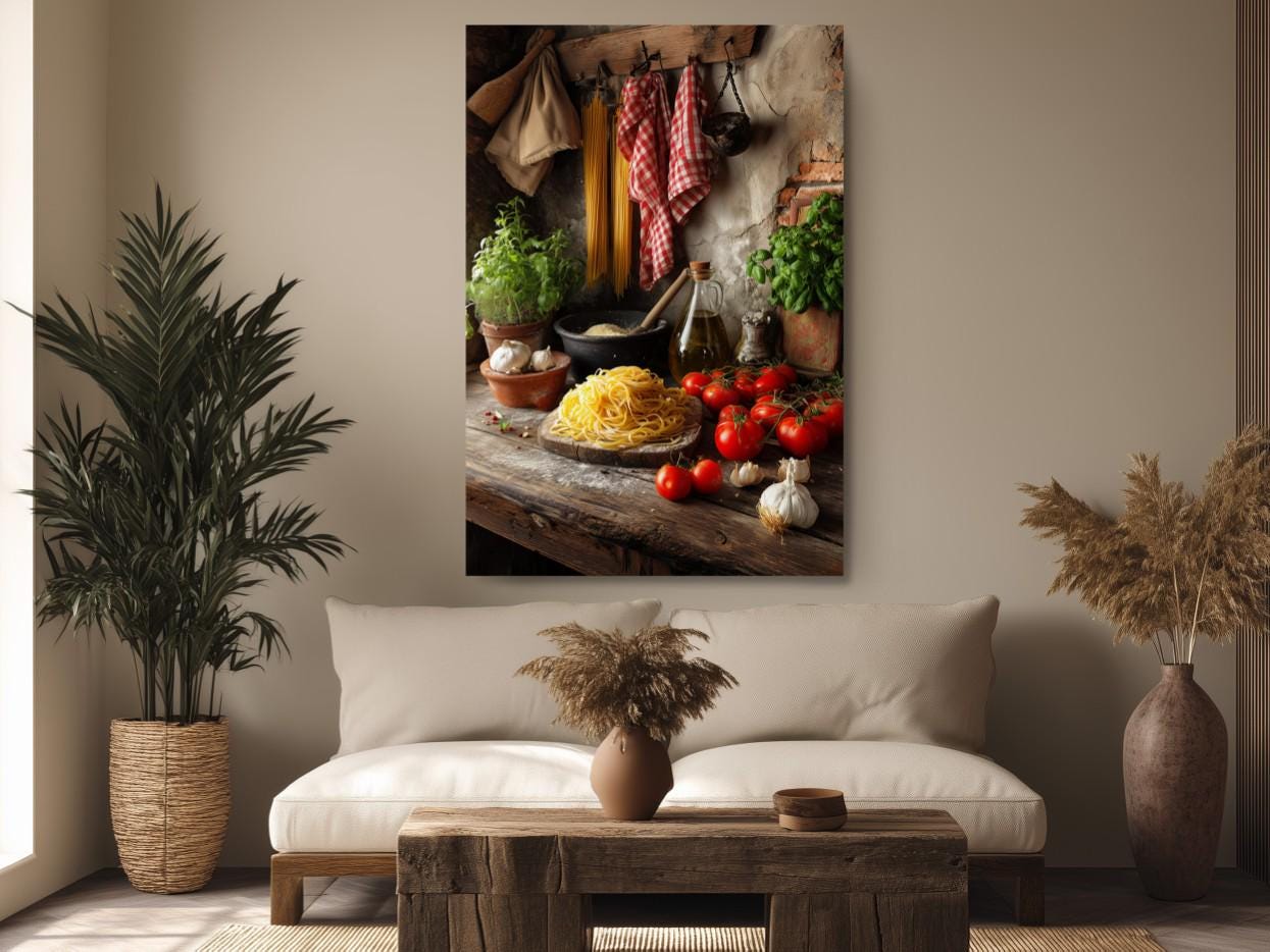 a cozy living room with a large painting of a rustic kitchen scene hanging on the wall. The painting includes a wooden table with a vase of flowers, a bowl of pasta, and various kitchen utensils such as a knife and a spoon. The room also has a comfortable couch and a potted plant, creating a warm and inviting atmosphere.