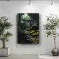 a serene indoor setting with a lush forest scene, featuring a wooden torii gate and a stone path leading through the greenery. Two potted plants are placed on either side of the wall, adding to the tranquil atmosphere.