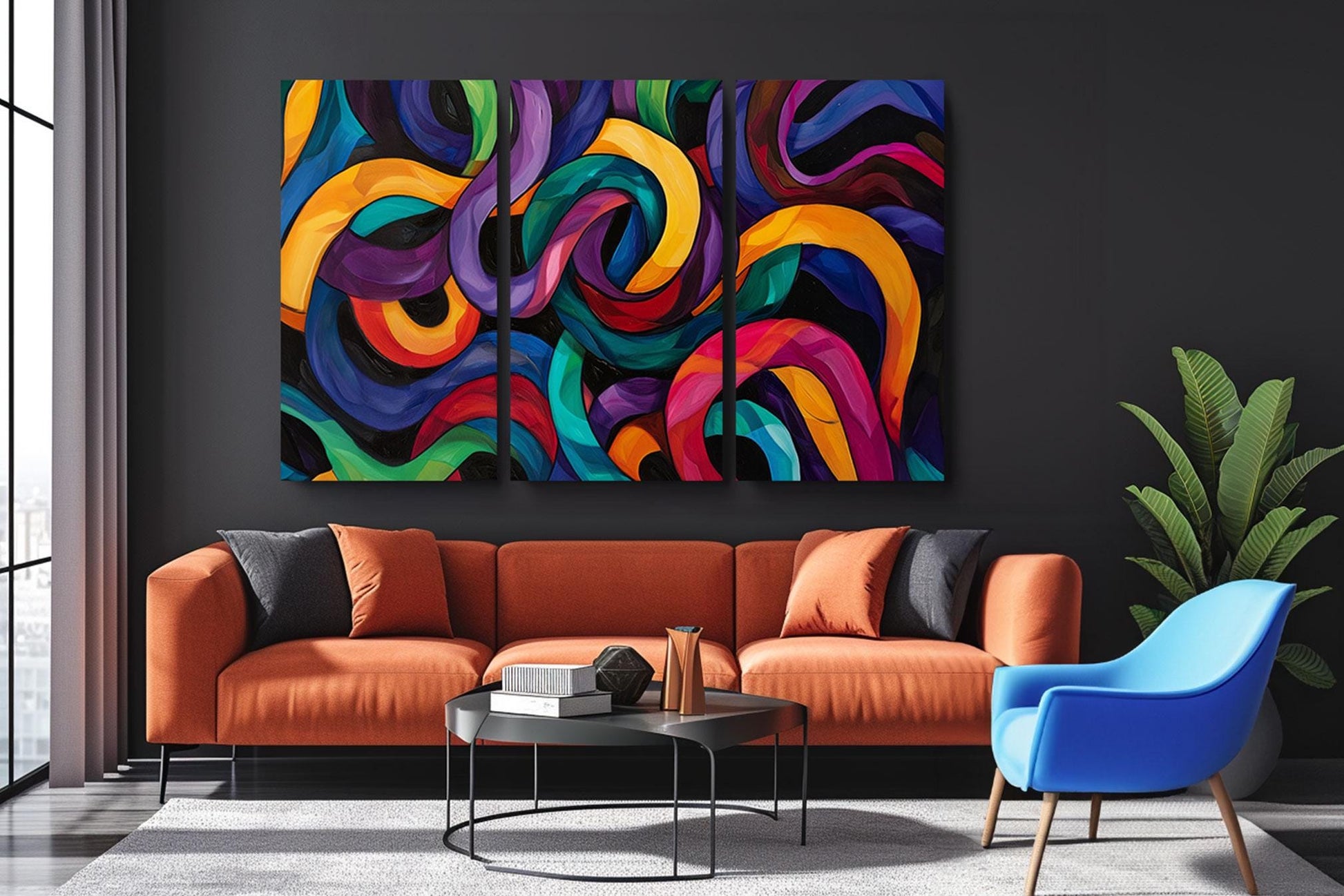 a living room filled with furniture and a painting on the wall