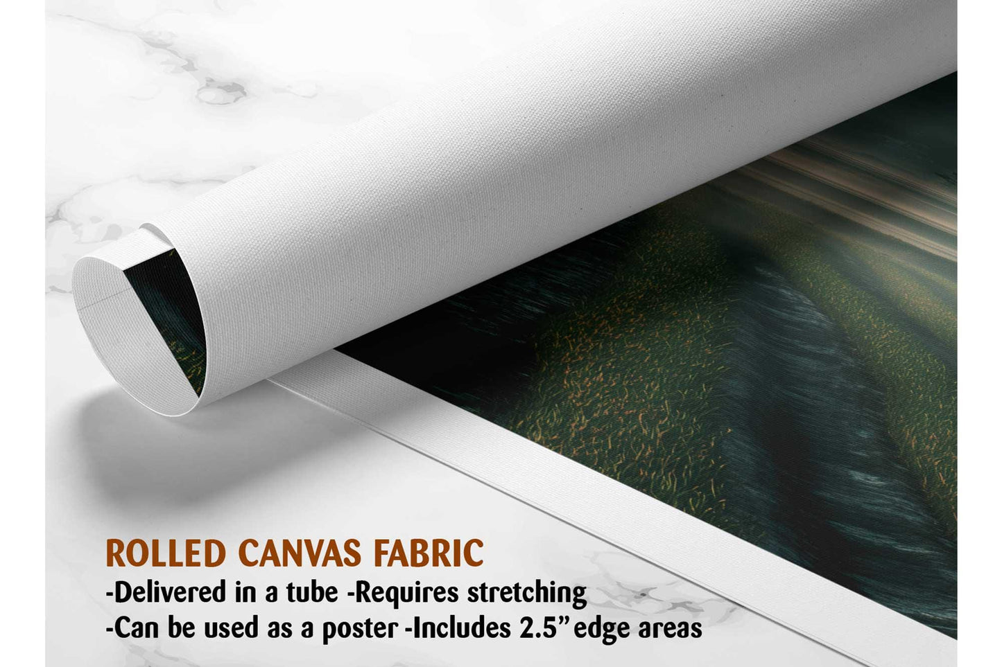 The image is a rolled canvas fabric, which is a type of canvas material used for painting or printing. It is described as a tube-delivered fabric, which means it is delivered in a tube and requires stretching before use. It can be used as a poster with a 2.5&quot; edge area.