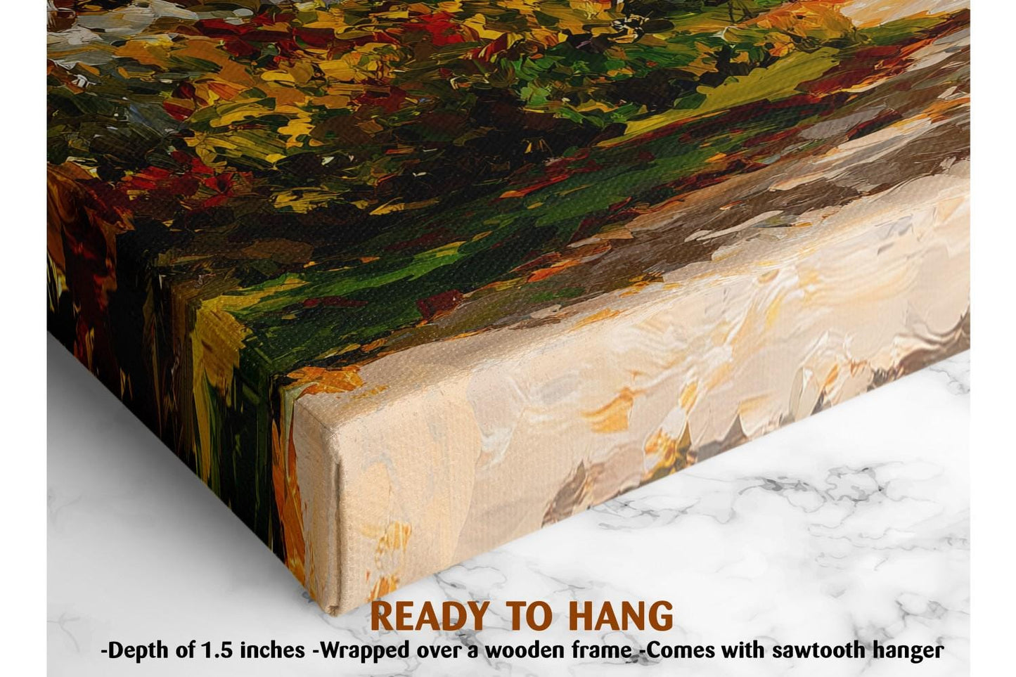 The image is a close-up of a painting on canvas, featuring a wooden frame. The painting has a vibrant, colorful composition with various shades of green, yellow, and orange. The text &quot;READY TO HANG&quot; is visible, indicating that the painting is ready to be hung on a wall.