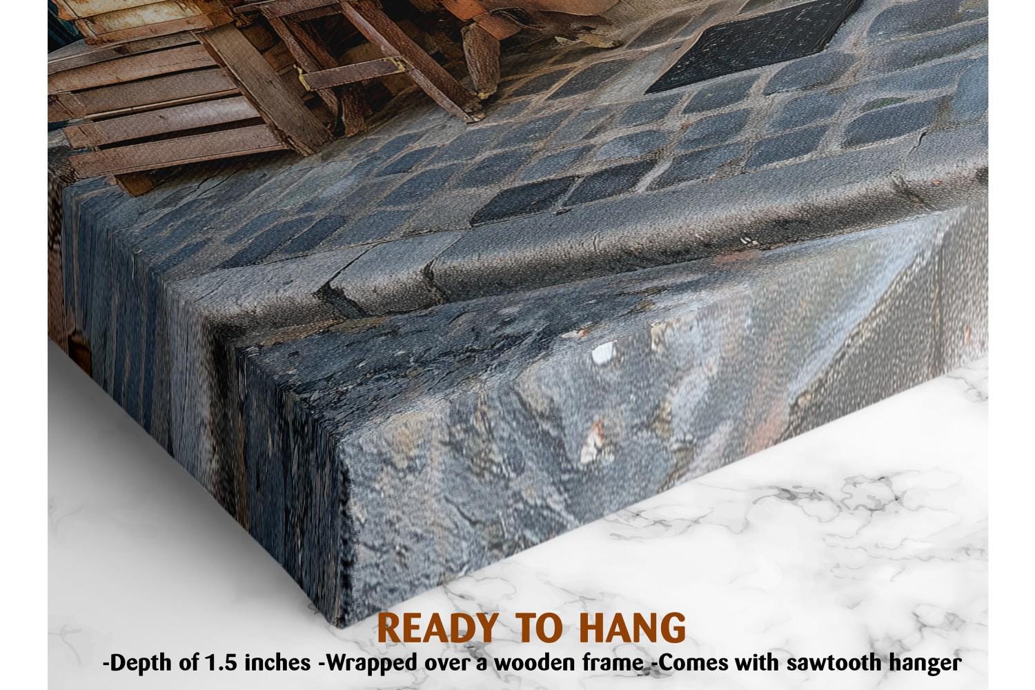 The image is a close-up of a stone staircase with a wooden frame, and it appears to be a ready-to-hang canvas print.