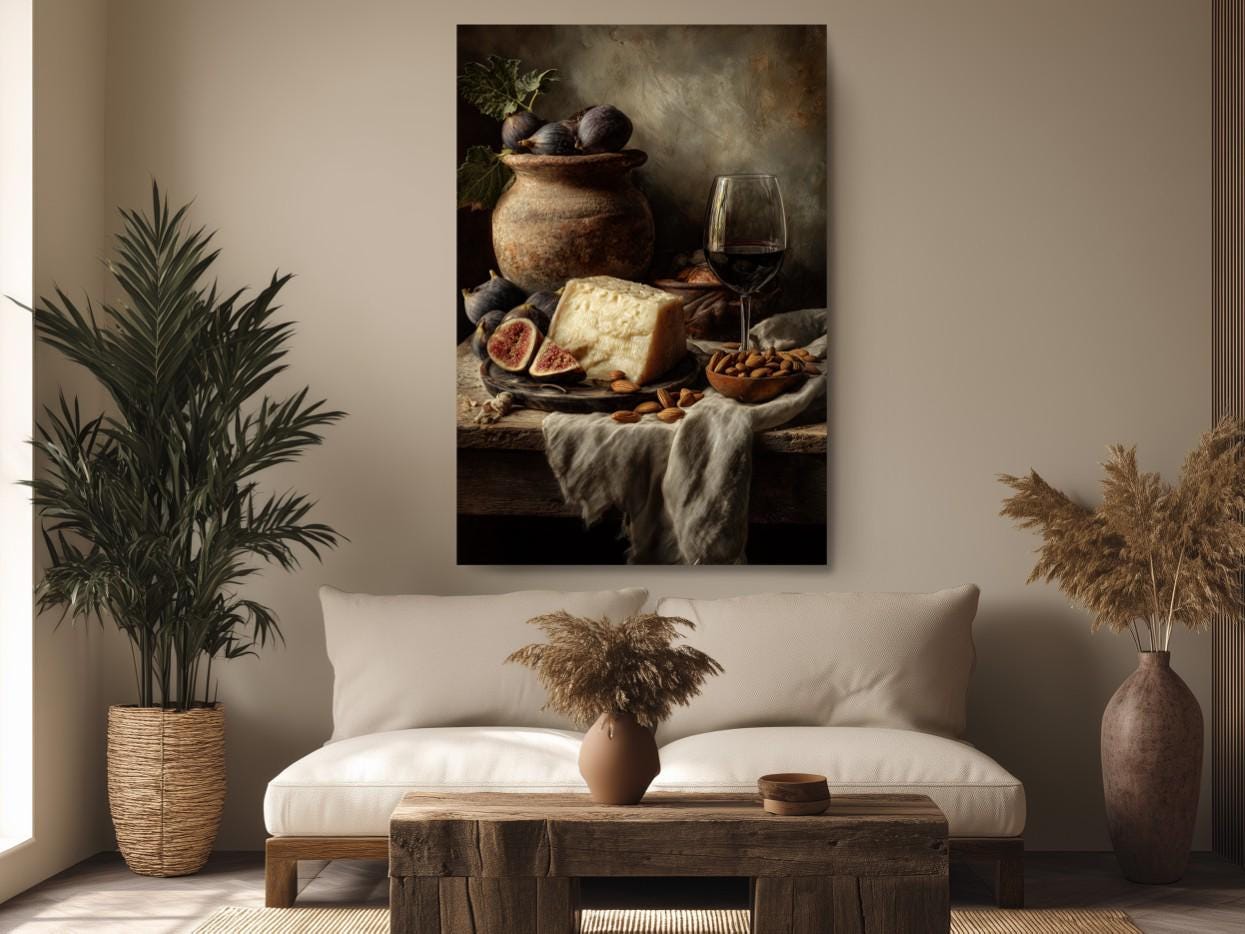 a cozy living room with a large painting of a still life arrangement on the wall, which includes a vase of flowers, a bowl of fruit, and a glass of wine. The room also has a comfortable couch, a wooden coffee table, and some decorative elements such as potted plants and vases.