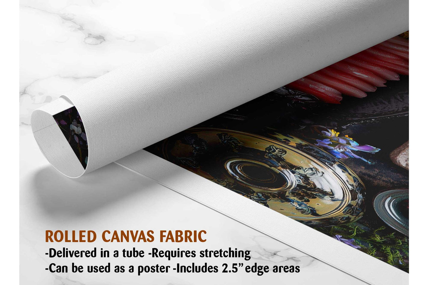 The image is a rolled canvas fabric, which is a type of canvas material used for painting or printing. It is described as a tube-delivered fabric, which means it is delivered in a tube and requires stretching before use. It can be used as a poster with a 2.5&quot; edge area.