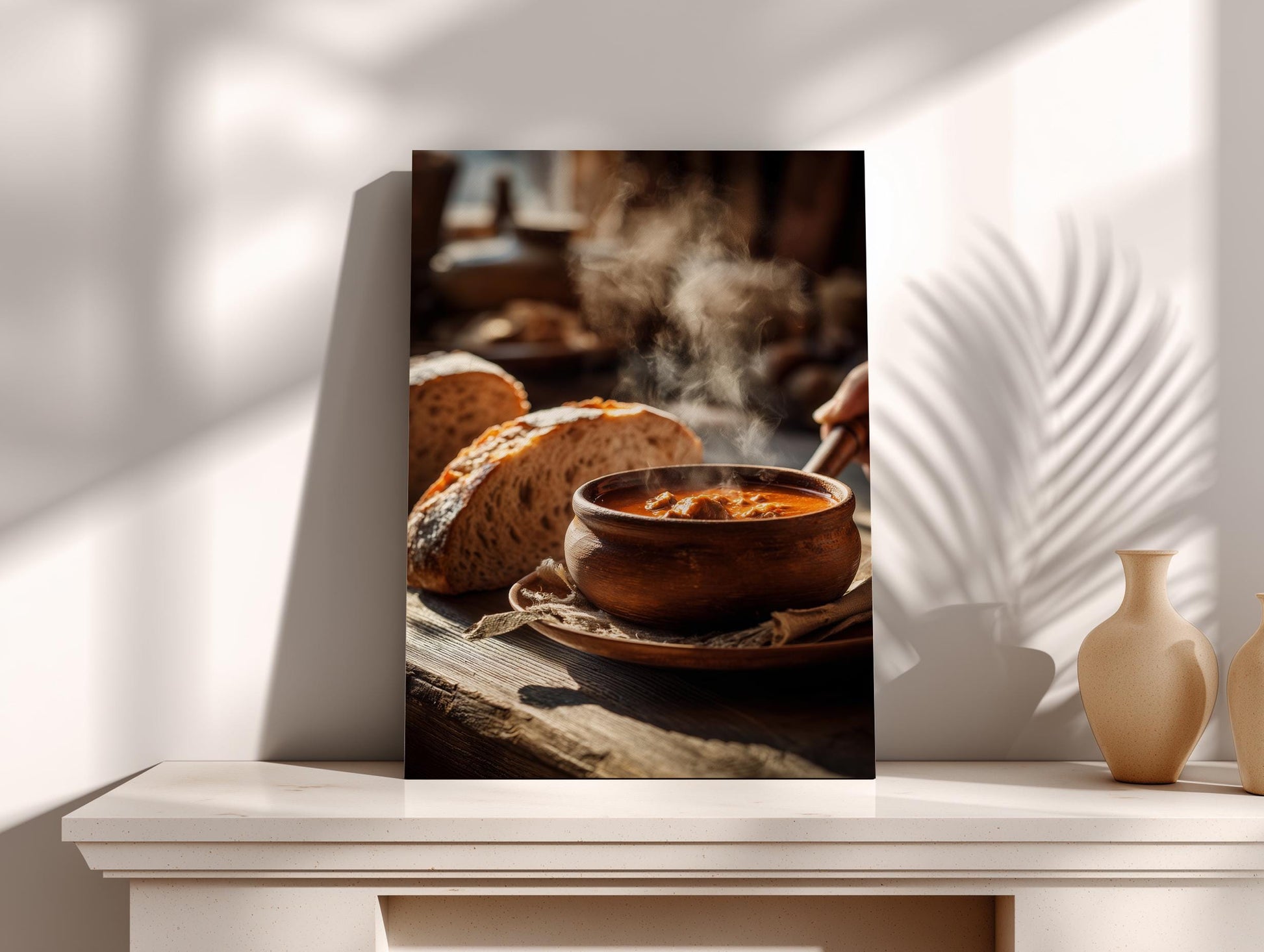 A wooden table with a bowl of soup and a loaf of bread, along with a vase, creating a cozy and rustic atmosphere.