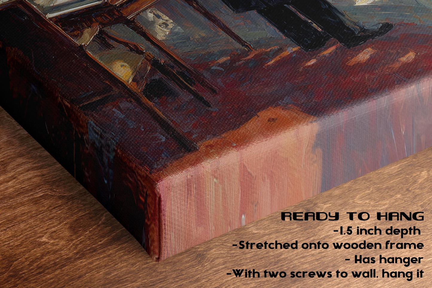 The image is a close-up of a wooden frame with a painting on it, placed on a wooden surface.