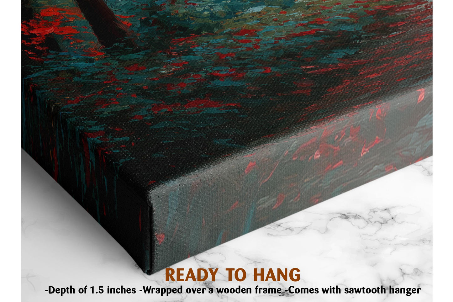 The image is a close-up of a canvas print with a textured background featuring red and green colors. The text on the image indicates that it is a ready-to-hang canvas print, with a depth of 1.5 inches and a wooden frame.