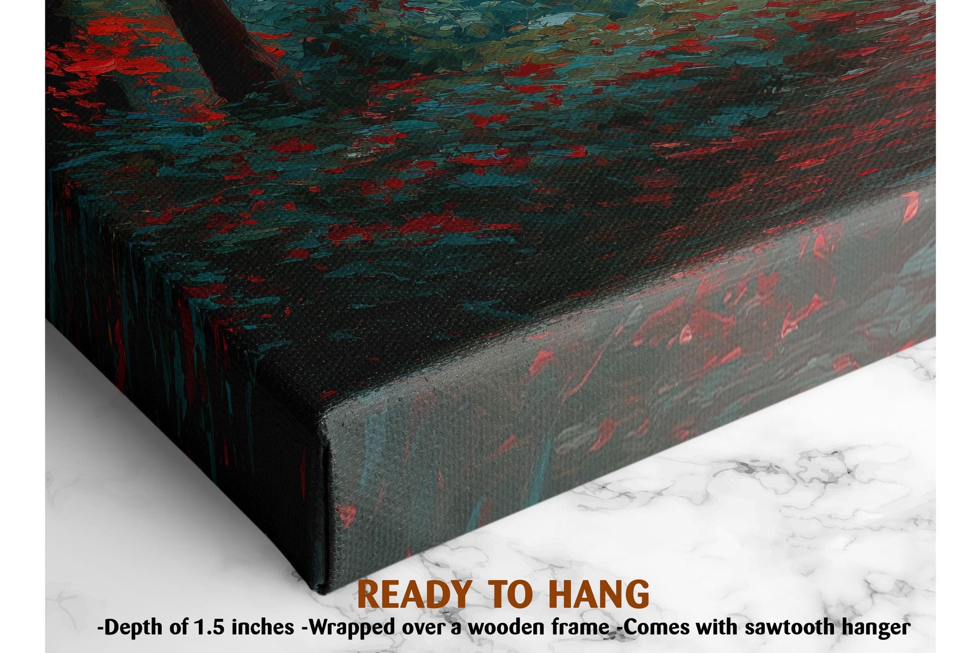 The image is a close-up of a canvas print with a textured background featuring red and green colors. The text on the image indicates that it is a ready-to-hang canvas print, with a depth of 1.5 inches and a wooden frame.