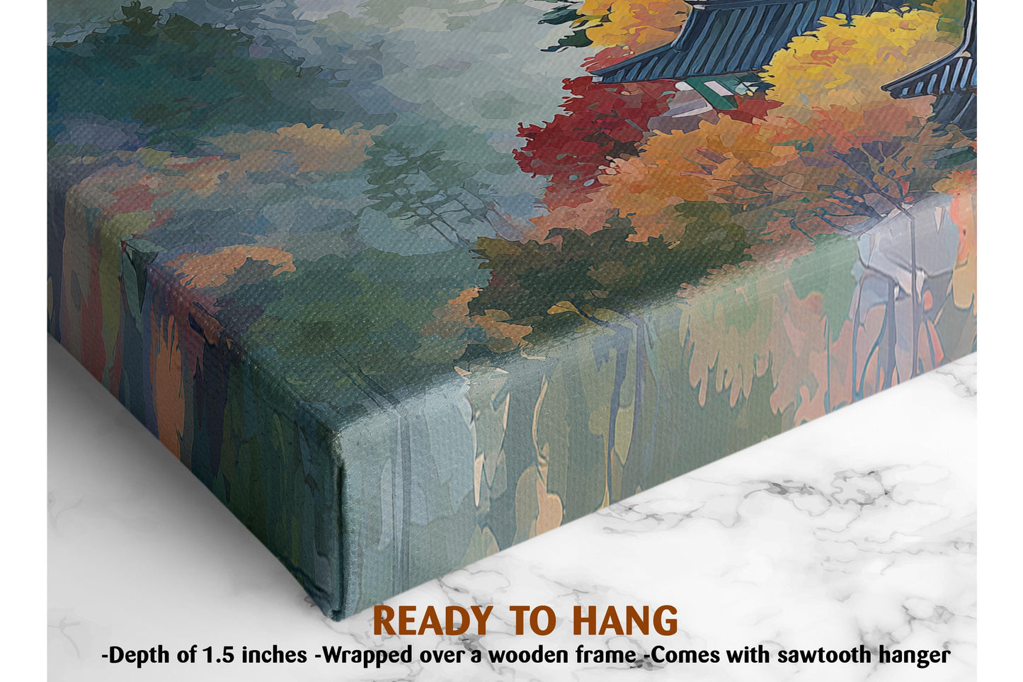 The image is a close-up of a canvas print featuring a vibrant autumn landscape with colorful trees and foliage. The print is wrapped over a wooden frame and hangs on a wall, ready to be hung.