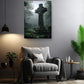 a serene living room with a gray armchair, a potted plant, and a framed image of a cross-shaped monument in a foggy forest.